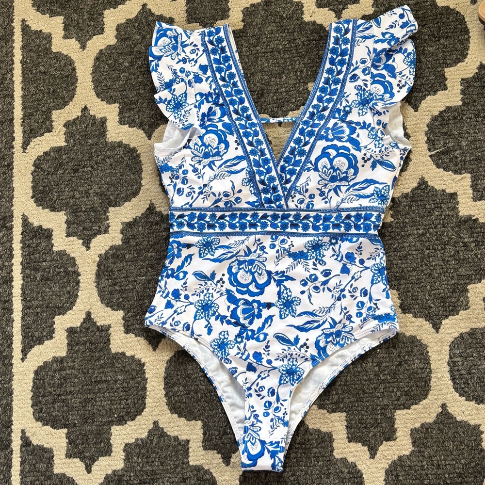 Blue and White Floral One-Piece Swimsuit